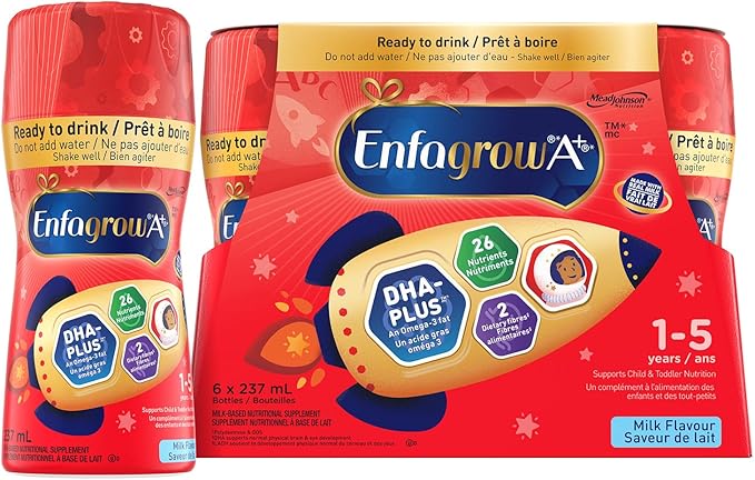 Enfagrow A+, boisson nutritionnelle pour tout-petits, 26 nutriments, saveur de lait, avec DHA qui développe le cerveau un type de graisse oméga-3, 237 ml x 6 pièces
