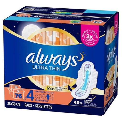 Always Ultra Thin - Serviettes de nuit, avec ailes, T4, 76 serviettes