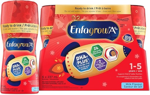 Enfagrow A+, boisson nutritionnelle pour tout-petits, 26 nutriments, saveur de lait, avec DHA qui développe le cerveau un type de graisse oméga-3, 237 ml x 6 pièces